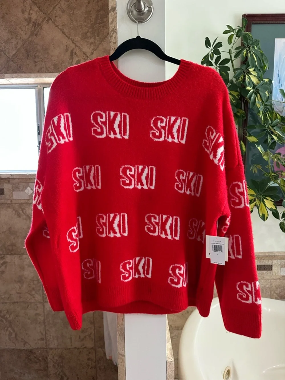 Cece Red SKI Crewneck Sweater - Women's Cozy Winter Pullover Size L - Picture 2 of 9